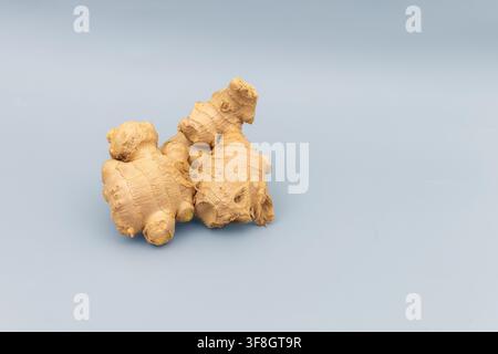Fresh ginger root sits on a light blue surface. It is cut and uncut pieces. The root shows texture and is often used in cooking and medicine. Stock Photo