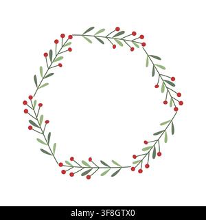 Christmas berry wreath vector geometric round frame with green branches isolated on white background for holiday card design Stock Vector