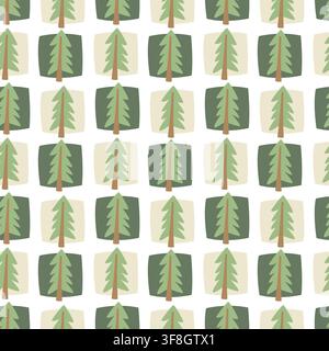 Vector seamless pattern featuring simple pine trees inside soft green and beige squares grid on a white background. Minimalist winter forest print ide Stock Vector