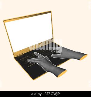 Halftone hands typing on laptop with blank white screen on beige background. Vector illustration for remote work, productivity, and digital workspace Stock Vector