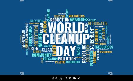 Vector word cloud graphic for World Cleanup Day featuring colorful environmental, recycling, and ecology keywords on a blue background. Stock Vector