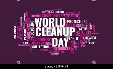 Vector typographic word cloud layout focused on World Cleanup Day, featuring environmental awareness, recycling, and conservation terms. Stock Vector