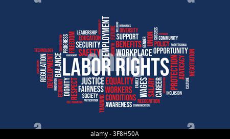 A typographic word cloud concept centered on labor rights, featuring key employment terms like safety, equality, wages, and protection in white and re Stock Vector