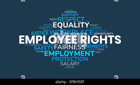 Vector word cloud illustration centered on employee rights, equality, workplace safety, and labor protection on a dark blue background. Stock Vector