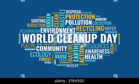 A typographic word cloud vector illustration centered on World Cleanup Day and environmental conservation concepts against a dark blue background. Stock Vector