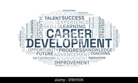 Vector word cloud illustration featuring career development, growth, leadership, and professional success concepts on a white background. Stock Vector