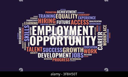 A typographic word cloud graphic featuring career, hiring, and employment opportunity concepts on a dark background. Stock Vector