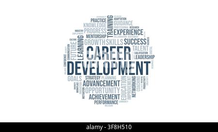 Circular typography word cloud vector graphic focusing on career development, leadership, skills, education, and professional growth concepts on a whi Stock Vector