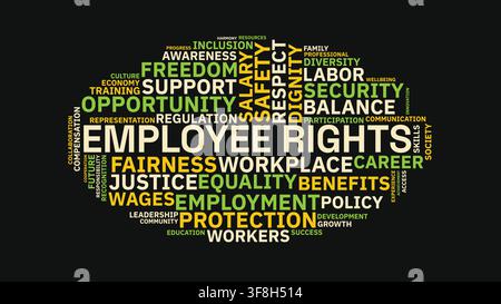 Vector word cloud layout featuring employee rights, labor law, workplace equality, fair wages, and job security concepts on a dark background. Stock Vector