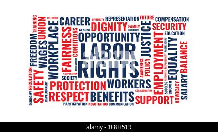 Typographic word cloud artwork featuring labor rights keywords including employment, fairness, workplace protection, equality, and wages in red and bl Stock Vector