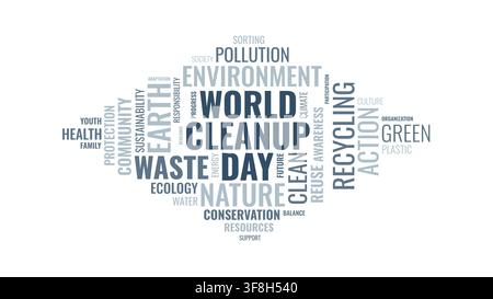 A minimalist word cloud vector design featuring World Cleanup Day, sustainability, waste management, and environmental awareness typography on a white Stock Vector