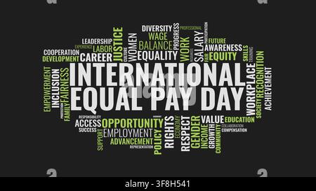 A typographic word cloud vector featuring International Equal Pay Day surrounded by concepts of wage equity, gender equality, workplace rights, and fa Stock Vector