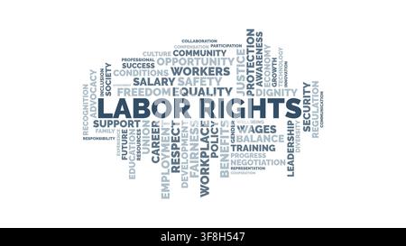 A typographic word cloud design centered on labor rights, highlighting key concepts like workplace safety, employment, fair wages, equality, and worke Stock Vector