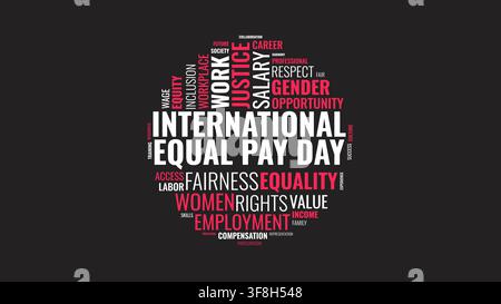 A circular word cloud typography design highlighting International Equal Pay Day and concepts of gender equality, wage fairness, and workplace rights. Stock Vector