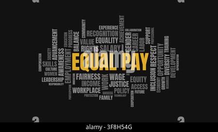 A typographic word cloud featuring the highlighted text Equal Pay in yellow, surrounded by gray terms related to workplace equality, rights, diversity Stock Vector