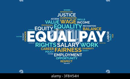 A diamond-shaped typography word cloud centered on Equal Pay, featuring related concepts like gender equality, fairness, salary rights, and workplace Stock Vector