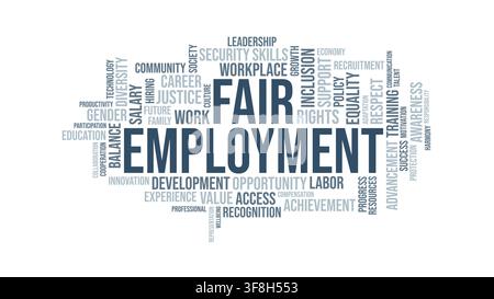 A typography word cloud graphic highlighting fair employment, workplace diversity, equal opportunity, and labor rights concepts on a white background. Stock Vector