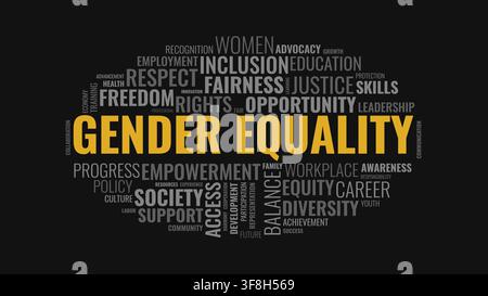 Typography word cloud banner focusing on gender equality, inclusion, rights, and diversity on a dark background. Stock Vector