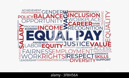 A typographic word cloud centered on equal pay, highlighting workplace equity, wage balance, inclusion, and human rights. Stock Vector