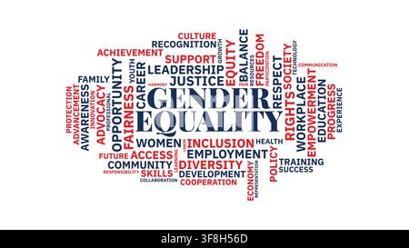 A typographic word cloud graphic featuring words related to gender equality, human rights, and social diversity in red and dark blue on a white backgr Stock Vector