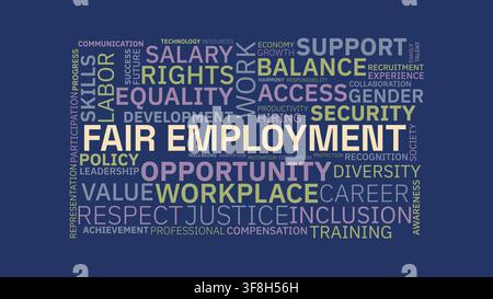 Typographic vector word cloud featuring Fair Employment surrounded by related workplace equality, rights, diversity, and career concepts on a dark bac Stock Vector
