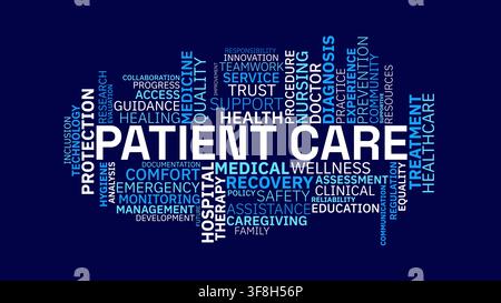 A typographic word cloud vector highlighting patient care alongside medical, healthcare, and wellness concepts in blue and white on a navy blue backgr Stock Vector