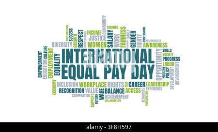 Typography word cloud design for International Equal Pay Day featuring concepts of gender pay gap, wage equality, fairness, human rights, and workplac Stock Vector