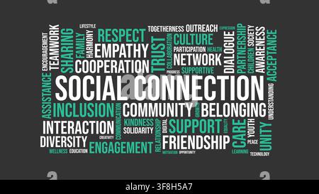 A typographic word cloud graphic focusing on social connection, community, inclusion, and positive relationship concepts on a dark background. Stock Vector