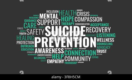 A typographic word cloud graphic focused on suicide prevention, featuring related mental health, support, and healing terms. Stock Vector