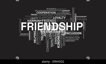 A typographic word cloud design focused on friendship and positive social values, featuring terms like trust, unity, and inclusion in white and grey t Stock Vector