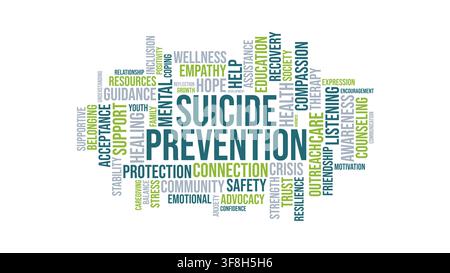A conceptual word cloud graphic centered on suicide prevention and mental health support, featuring related terms like healing, hope, and community. Stock Vector