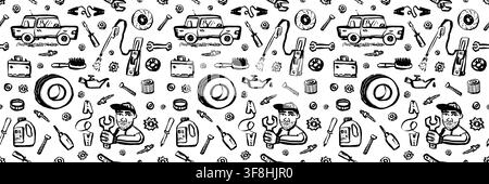 Naive seamless car service pattern with mechanic, pickup truck and repair tools. Drag to swatches panel to use Stock Vector