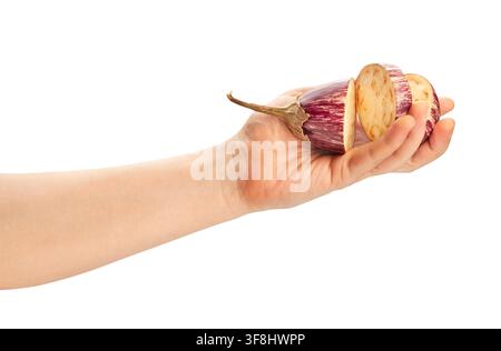 sliced jewel marble eggplant in hand path isolated on white Stock Photo