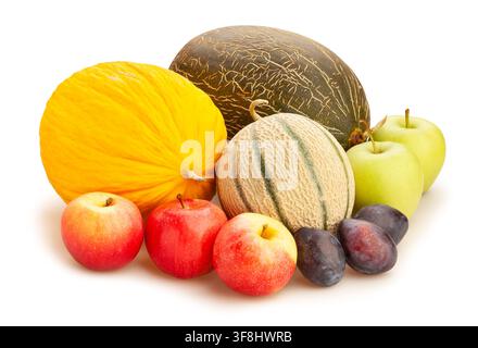 various melons fruit mix path isolated on white Stock Photo