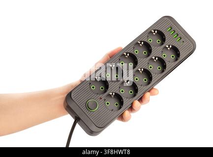 power filter extension cord in hand path isolated on white Stock Photo
