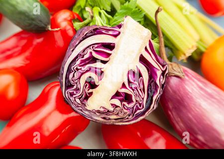 sliced red cabbage vegetable mix on wood background Stock Photo