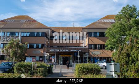 August 2026 - Front entrance of Weston Hospital in Uphill, Weston super Mare, North Somerset, England, UK. Stock Photo