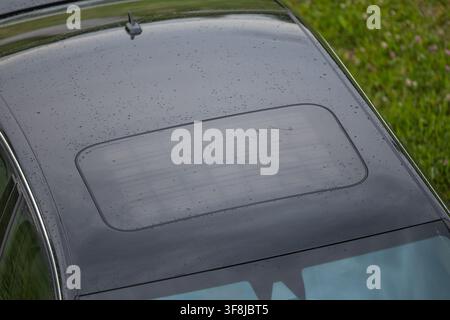 Wet black car roof showing a closed sunroof glass panel speckled with raindrops, small antenna and green grass background. Moody transport detail high Stock Photo