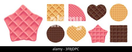 Pink waffle cracker pancakes, round square vanilla waffle. Brunch pattern with brown stroopwafel creamy biscuit, circle chocolate pastry. Dutch Stock Vector