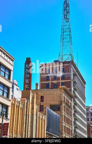 Historic Downtown Los Angeles Architecture and Bradbury Building Against Blue Sky Stock Photo