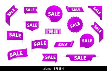 Vibrant collection of purple SALE tags and labels in various shapes for marketing promotions. Vector illustration Stock Vector