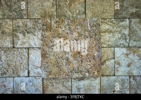 Textured Fossilized Stone Tile and Travertine Wall Detail at Getty Center Los Angeles Stock Photo