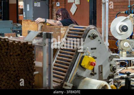 Tampa, FL, USA. 12th Aug 2026. Cigars ride a cleated conveyor toward a wrapping and labeling machine as a worker sorts stock from wooden bins, with hundreds of unbanded cigars stacked nearby, in the machine-rolling area of J.C. Newman Cigar Co.'s El Reloj factory in Ybor City. Founded in 1895, fourth-generation J.C. Newman is America's oldest family-owned premium cigar maker, and the 1910 clock-tower building - part of a National Historic Landmark District - is the last operating historic cigar factory in the United States. Credit: Tosh Persons / Ģ����ý Live News Stock Photo