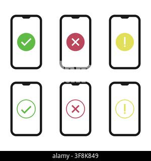 Mobile Status Icons Showing Success, Error, Warning and Validation Results on Phones Stock Vector