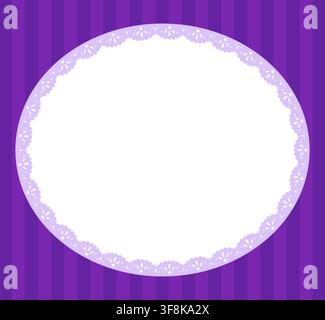 Lavender petite floral scallop lace border shapes a single oval frame on striped grape purple background as modern. minimal eyelet ornament isolated for romantic wedding invitation cards or stationery. Stock Vector