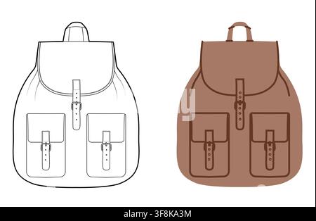 Round basket backpack silhouette bag. Fashion accessory technical illustration. Vector schoolbag front 3-4 view for Men, women, unisex style, flat handbag CAD mockup sketch outline isolated Stock Vector