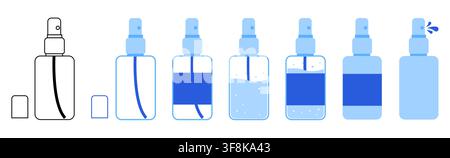Set of seven spray bottle icons in outline blue fill label liquid bubble and active droplet mist styles. Useful for cosmetic fragrance packaging product UI pictogram logos branding Stock Vector