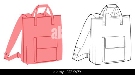 Convertible backpack silhouette tote bag with pocket. Fashion accessory technical illustration. Vector schoolbag front 3-4 view for Men, women, unisex style, flat handbag CAD mockup outline isolated Stock Vector