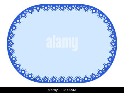 Dual tone blue eyelet lace horizontal oval pill border frame with scalloped ornamental dotted trim edge. isolated on white background vector illustration for wedding invitation label tag stationery. Stock Vector