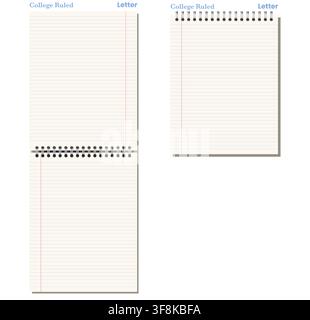 Ivory college ruled notebook page shows blue horizontal ruling plus red margin, black wire binding, and varied formats on light gray background. Suitable for schoolwork, planning, stationery layouts, Stock Vector